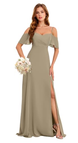 Image of Off The Shoulder Chiffon Bridesmaid Dresses with Slit 2025 Long Pleated Formal Evening Gown Taupe US8 HGR93