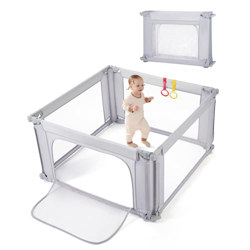 Image of Baby Playpen 47x47 Inch Playpen,Adjustable Playard for Babies and Toddlers,Small Baby Play Pens,Indoor Outdoor Play Yard for Infants with Zipper Door&360Mesh Cloth,Grey