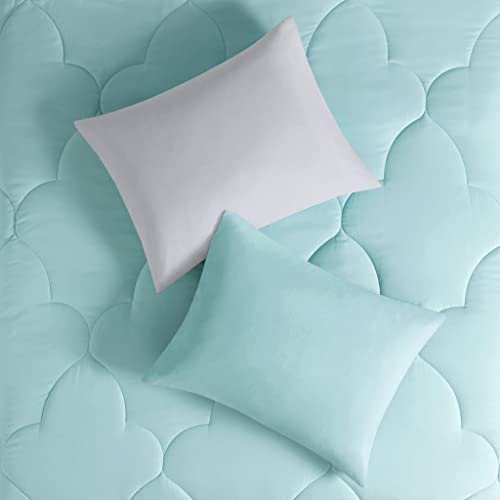 Image of Comfort Spaces Vince Reversible Bed In A Bag - Trendy Casual Geometric Quilted Cover, All Season Down Alternative Cozy Bedding, Matching Sham, Full, Reversible Aqua /Gray 9 piece