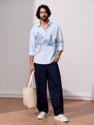 Image of The Souled Store Cityscape Men and Boys Long Sleeves Spread Collar Blue Cotton Graphic Printed Easy to Style Everyday Wear Trendy Stylish Relaxed Fit Lightweight Everyday Casual Shirt