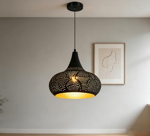 Image of Black Pendant Light Fixture Vintage Hanging Lamp Hollow Chandelier