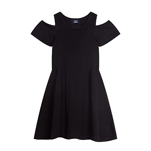 LittleSpring 4T Black Dress for Girls Dresses Short Sleeve Cold Shoulder Dress for Toddler Girl Casual Swing Dress Plain