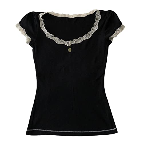 Y2K Fairy Lace Trim Top for Teen Girls Short Sleeve Slim Fit T-Shirts 2000s Tees Aesthetic Clothes
