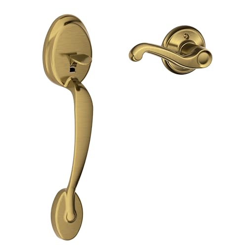 Image of Schlage Lock Company Plymouth Front Entry Handle Flair Right-Handed Interior Lever (Antique Brass) FE285 PLY 609 FLA RH - LOCK FE285 PLY 609 FLA RH