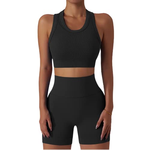 Abociw Workout Sets For Women, Summer 2 Piece Outfits, Ribbed Seamless Crop Tank Top Biker Shorts Matching 2 Pieces Outfits,Sexy Two Piece Yoga Workout Outfits Black Small #TOP10