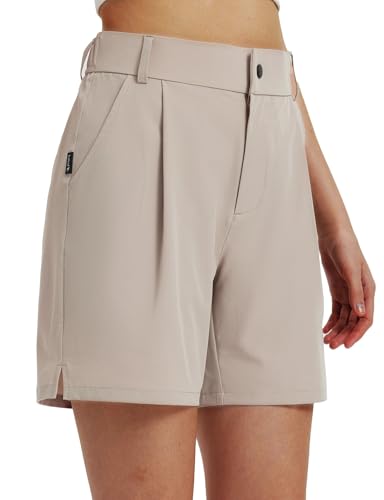 baleaf Women's Golf Shorts Stretch Pleated Work Short for Hiking Quick Dry Dressy Casual Summer UPF50+ Khaki L