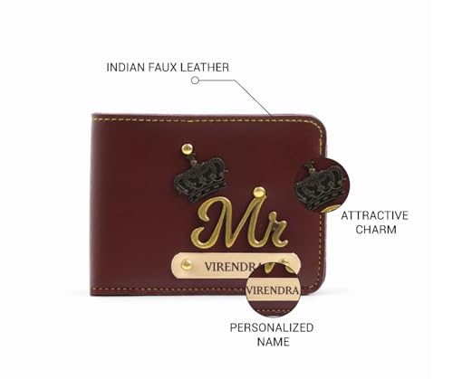 Image of Thebaegift Men's Personalized Wallet I Customized Slim Stylish Leather Purse with Name & Charm I Unique Birthday Anniversary Gift for Men Boy Love Husband Employees Clients (Brown Vegan)