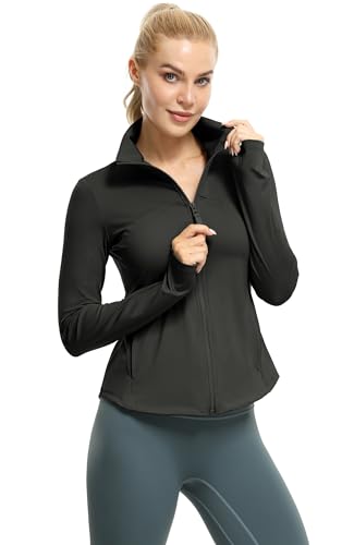 icyzone Women's Zip Up Athletic Workout Gym Running Yoga Jackets with Thumb Holes & Pockets3
