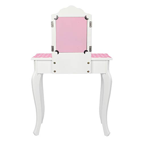 Image of Vanity Set,ShyneeMakeup Dressing Vanity Set Wooden Princess Makeup Table with Cushioned Stool,Drawer,Wooden Legs and Mirror, Make Up Dressing Play Set for Girls (Red Dots)
