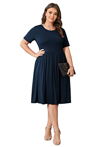 Image of POSESHE Womens Plus Size Summer Dress 2026 Casual Short Sleeve Empire Waist Loose Fit Swing T-Shirt Dress with Pockets