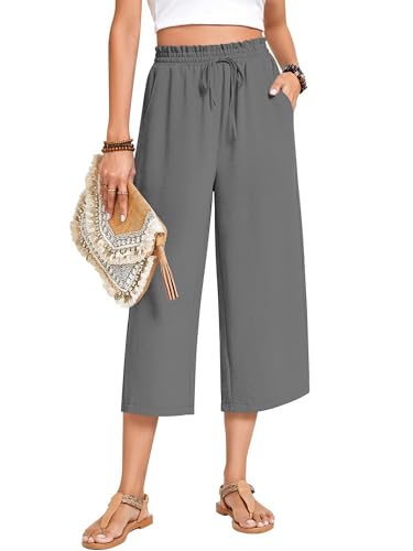 Womens Capri Pants Wide Leg High Waisted Lounge Pants Drawstring Casual Loose Palazzo Pants Trousers with Pockets