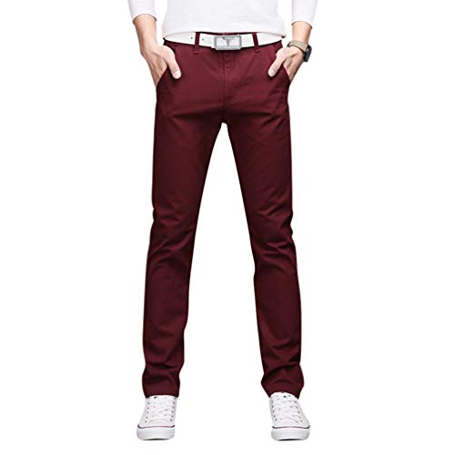 WanYangg Pantalon Vestir Hombre Straight-Fit Slim Chinos Pantalones Casual Trabajo Recto Vino Tinto-33 Cover