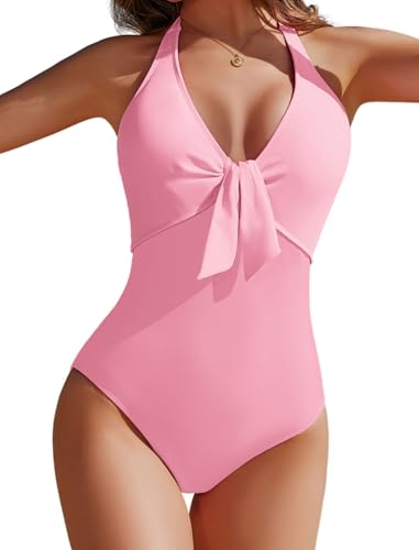AI'MAGE Women's One Piece Swimsuits Halter Bathing Suits Push Up Swim Suits Slimming Tummy Control Swimwear Light Pink,Medium