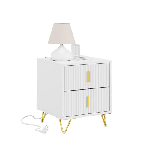 SoBuy Mesita de Noche con Función de Carga, Mesilla de Noche con 2 Enchufes, USB y Type-C, Mesa Auxiliar Bedside Table para Dormitorio y Sala de Estar, Blanca, L40 x P40 x H47 cm, FBT115-E-W