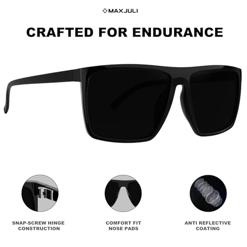 MAXJULI Polarized Sunglasses for Men Lightweight TR90 UV400 Protection Square Sun Glasses Black/Super Dark 81423