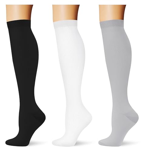 (3 pairs) Compression Socks for Women Men 20-30 mmHg Long Knee High Socks Circulation Athletic Support Running Black/White/Lightgrey L/XL