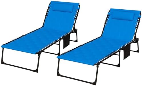 Outsunny Padded Folding Chaise Lounge Chair Outdoor Set of 2, 5-Level Reclining Patio Loungers, Tanning Chairs with Side Pocket, Headrest and Carrying Handle for Beach, Yard, Patio, Blue