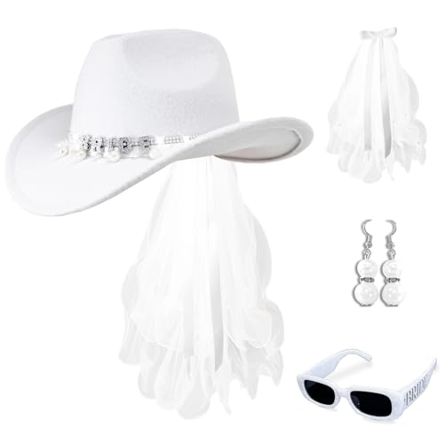 4 Pcs Bride Cowboy Hat with Veil, Sunglasses, Earrings, Rhinestone Bridal Cowgirl Hat for Bachelorette Wedding (White, One Size)