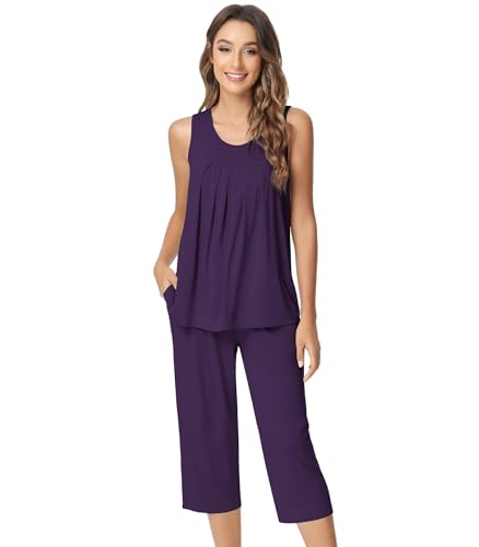 Image of NACHILA Pajamas for Women-Viscose Made from Bamboo, Sleeveless Pjs Tank Top Capri Pants Pajama Sets Cooling Sleepwear