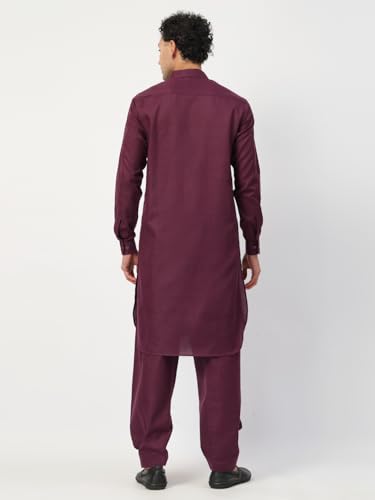 Image of Men's Traditional Pathani Kurta Salwar Set, Red, Long Sleeve, Collared Neck, Cotton Blend, Ethnic Wear