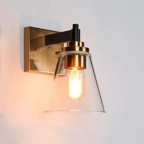 Image of KSANA Wall Sconces, Black and Gold Wall Lights for Bedroom, Wall Mounted Lamps with Flared Glass Shade for Living Room, Bathroom,