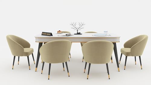 Image of WOODEN SPACE 6-Seater Wooden Dining Table Set | Nano Composite Marble Top | Solid Wood Base | Modern Dining Room Furniture with 6 Chairs (Cream)