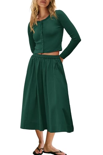 Image of Panadila Womens 2 Piece Lounge Sets Matching Vacation Outfits Ribbed Button Down Cardigan and Elastic Waist Skirt Sets