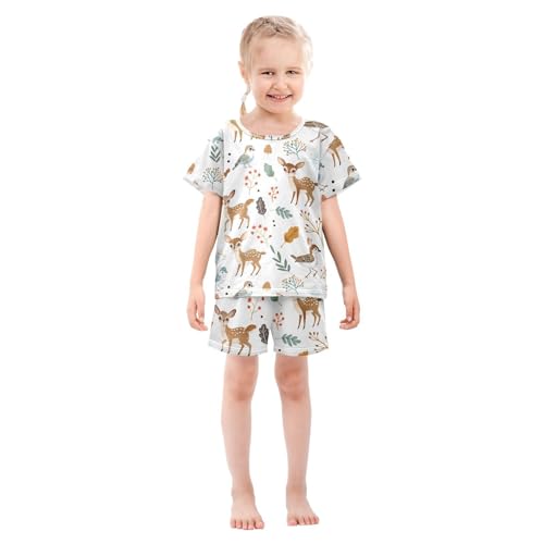 ALAZA Deer Bird Leaves Watercolor Pajamas Short Sleeve 2 Piece Sleepwear Top and Bottom Pajama Set Unisex3