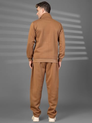Image of CHKOKKO Mens High Neck Winter Tracksuit Full Zip Jacket with Elastic Waist Lower Warm and Soft Activewear Set for Gym Running and Casual Use Golden Brown S