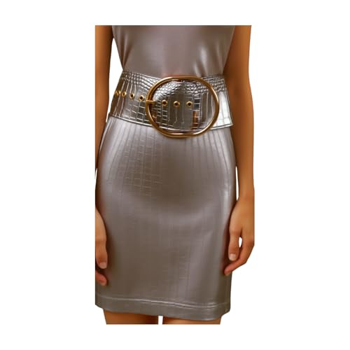 Women Silver Chrom Fashion Wide Belt - Hip High Waist Big Gold Oval Metal Buckle S M Metallic Pewter2