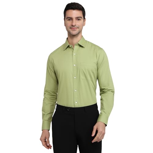 Image of Raymond Men Slim Fit Solid Pattern Pure Cotton Semicutaway Collar Full Sleeve Formal Shirt Green
