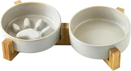 Zxyler 食器・ボウル 早食い防止 食器 ペット 犬猫用 餌入 木製 ペット皿 ボウル 滑り止め 安定感 取り外し可能 台 フードボウルスタンド犬 猫食器 陶器