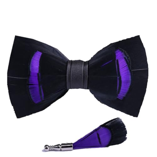 whitefeather Feathers Bow Tie Peacock Pre-tied Bow tie Brooch Sets for Men Adjustable Length Tuxedo Banquet Necktie (purple-99)