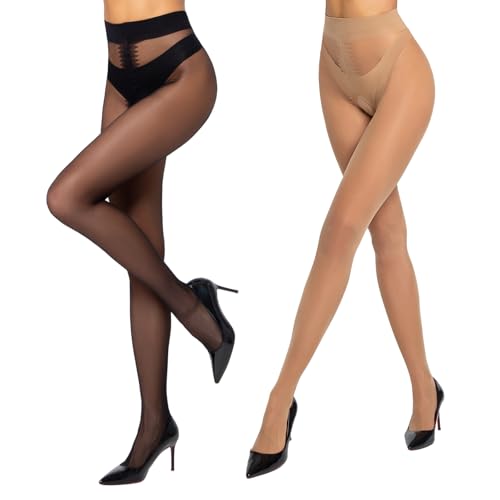 Yilanmy Strumpfhose mit offenem Schritt 30 Den Transparente Nylon Strumpfhosen für Damen Feinstrumpfhose 2 Paar (Schwarz+Hautfarben)