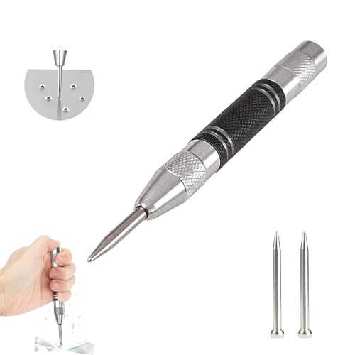 Pointeau automatique avec 2 pointes de rechange - Grain à ressort - Grain de veine avec effet de ressort réglable à une main - Pour métal, bois, verre, tôle d'acier