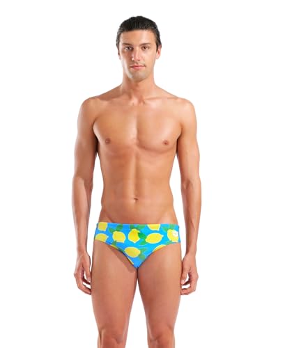 ARENA Performance Men's Lemons Swim Brief Chlorine Resistant Swimwear Athletic Swimsuit Practice Pool Training Competitive Bathing Suit, Turquoise Blue Multi, US Size 24