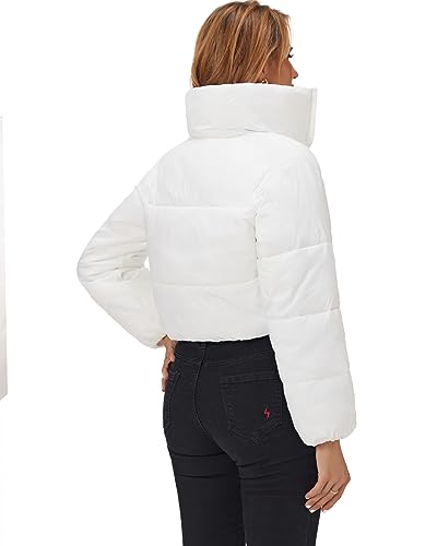 Fuinloth Women's Puffer Jacket, High Stand Collar Zip Pocket Crop Long Sleeve Coat3