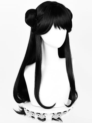 Image of Half and Half Long Black Game Fighter Anime Cosplay Wig with Bangs & Double Buns, Hanfu Costume Wigs 29.9'' Chinese Ancient Vintage Wigs for Women Halloween Party