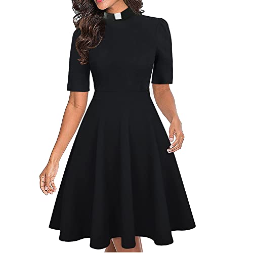 BPURB Kirche Damen Klerus Kleid Elegant Kurzarm A-Line Priester Midikleid mit Tab Kollar, Schwarz, L Cover
