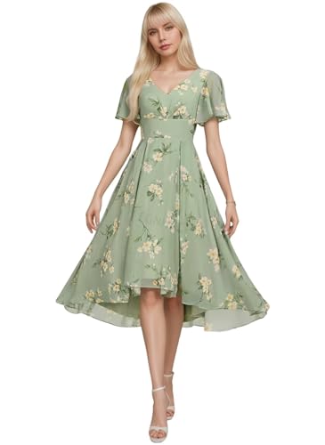 Tea Length Bridesmaid Dresses for Wedding V Neck Short Sleeve Formal Dresses for Women