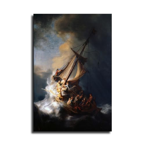 Rembrandt Jesus Christ in The Storm on The Sea of Galilee Ship Poster Canvas Painting Wall Decoration Art Aesthetic Modern Living Room Classroom Kitchen Bedroom Bath Home Gift (08×10inch Unframed)