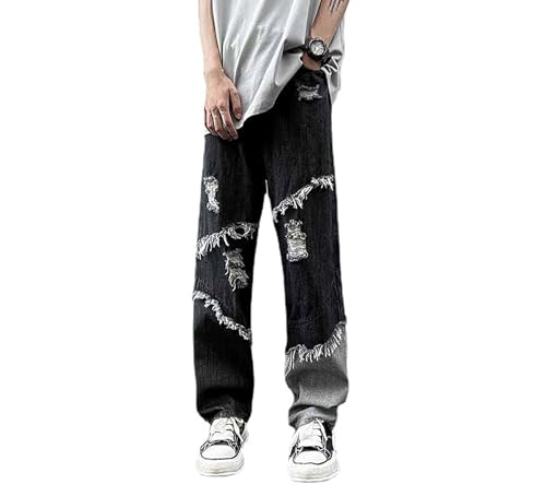 jupkem Men Y2k Baggy Straight-Leg Jeans Casual Ripped Patchwork Distressed Pants Goth Hip-hop Street Style Harajuku Clothing