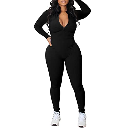 Choomomo Combinaison de Sport Femme Body Moulant Bodysuit Manches Longues Combinaison Zipper Jumpsuit Skinny Jogger-Jogging Fitness Survêtement S-XXL Noir S