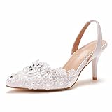 LYAHVGU Chaussures de Mariée de Mariage, Escarpins à Talons Aiguilles à Bout Pointu en Dentelle élégante avec Perles et Fleurs en Strass de 7 cm, Mariage Soirée Quotidien Robe Bureau Sandales