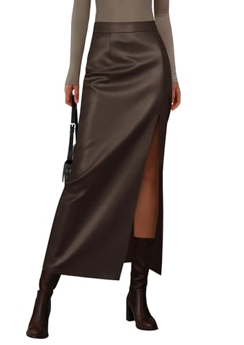 PRETTYGARDEN Womens Faux Leather Skirts 2025 Fall Fashion Bodycon High Waisted Slit Work Office Winter Maxi Long Pencil Skirt (Brown,Small)