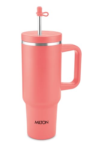 Image of Milton My Tumbler 1200 Thermosteel Double Wall Vacuum Insulated Stainless Steel Tumbler with Handle 1100ml,Leak Proof Travel Mug,Straw,Silicon Cap Cleaning Brush,Hot & Cold Beverage Flask,Coral Orange