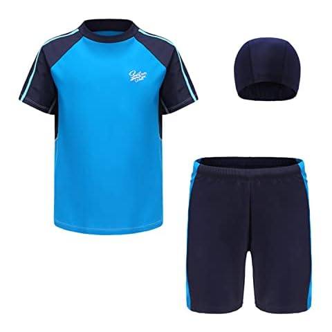 Wxllzlife Boy Two Piece Rash Guard Kids Short Sleeve Swim Shirt and Swim Trunks Set UPF 50+ Sun Protection Bathing Suits 13-18 Years Cover