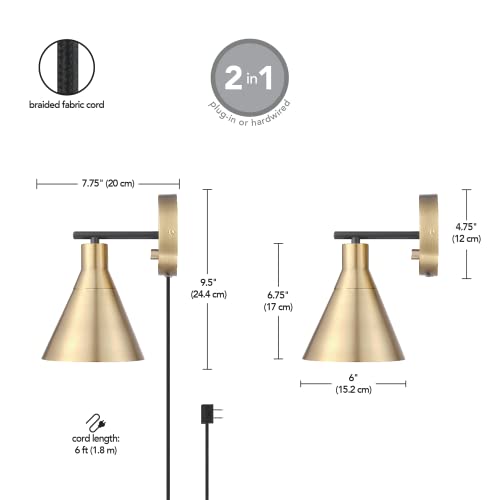 Image of GLOBE Electric 65544 1-Light Dimmable Plug-in or Hardwire Wall Sconce, Matte Brass, Matte Black Accent, Stepless Dimming Rotary Switch on Canopy, Black Fabric Cord, Wall Lamp Dimmable