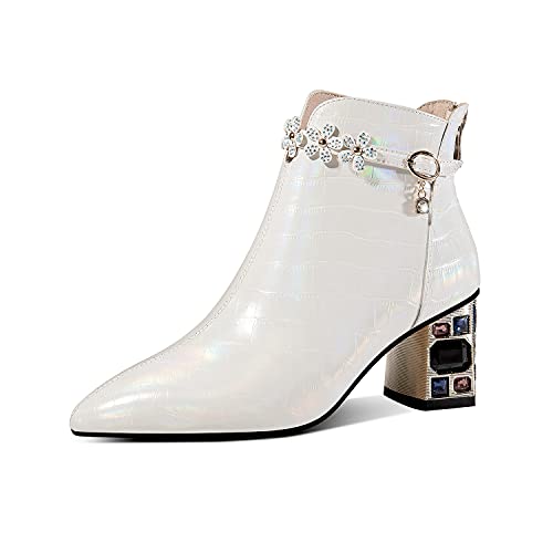 TinaCus Genuine Leather Women's Handmade Crystal Chunky Heel Pointed Toe Back zip Up Floral Belt Ankle Booties - Main Image