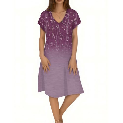 Womens Summer Midi Dresses Trendy Casual Short Sleeve V Neck Floral Elegant Loose Fit Cute Flowy Knee Length Dress